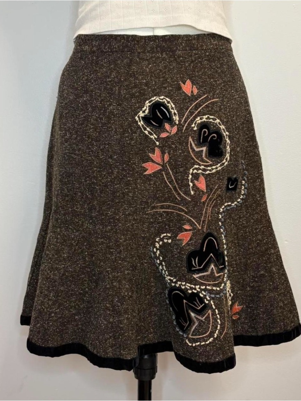 Brown Embroidered A-Line Skirt